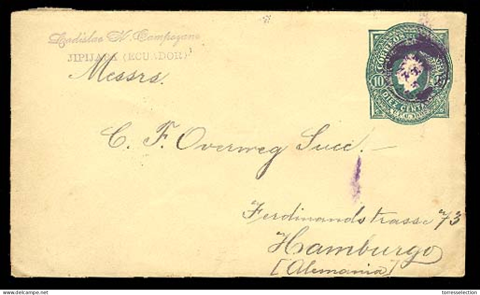 ECUADOR. 1895. Jipijapa / Germany. 10 C. Green Stationary Env. Scarce Used Town Origens / Overseas. - Equateur