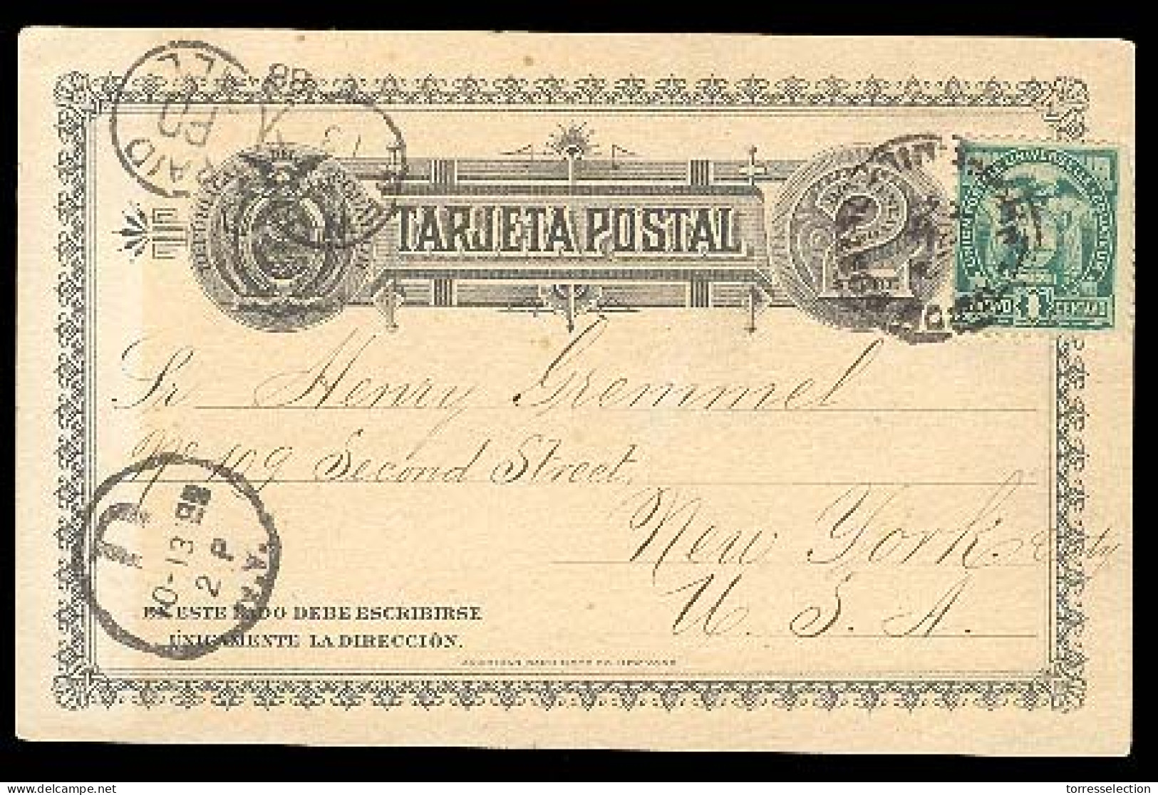 ECUADOR. 1888.GUAYAQUIL-USA.2c.stat Card+adtl Scace Used - Ecuador