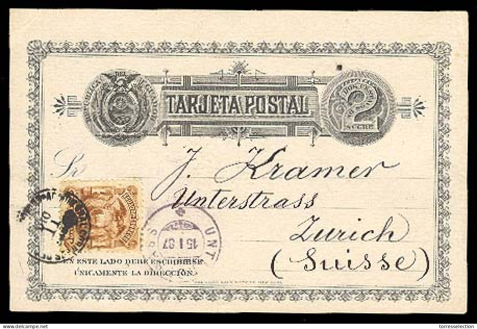 ECUADOR. 1886. QUITO-SWITZERLAND.2c.Stat Card+adtl Very Fine Scarce Usage - Ecuador