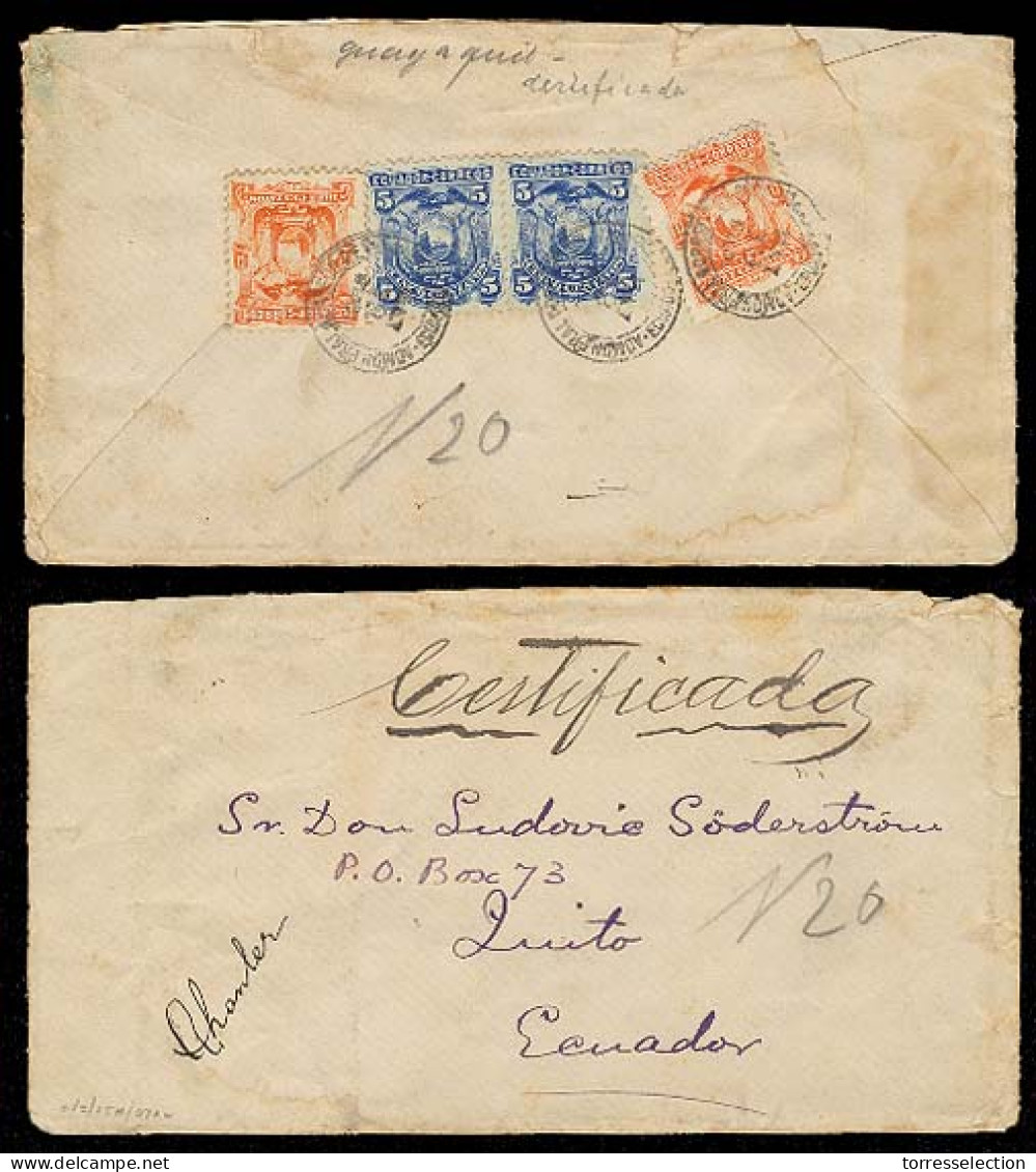 ECUADOR. 1897. Quito Local Usage. Registered Env Fkd On Reverse 5c (x2) + 10c (x2) Tied Cds. Rare Local Usage. - Equateur