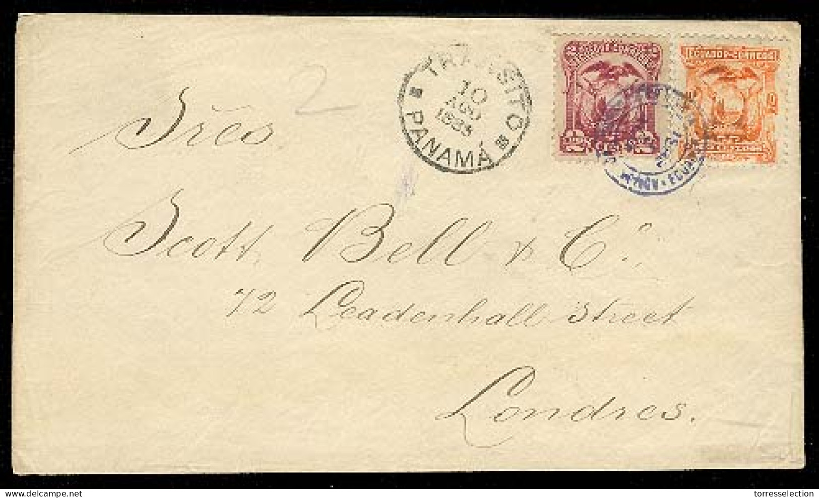 ECUADOR. 1888 (Aug 5). Frkd Env 10c + 2c, Blue Cds. Via Panama To UK (Sep 3.88). VF. - Ecuador