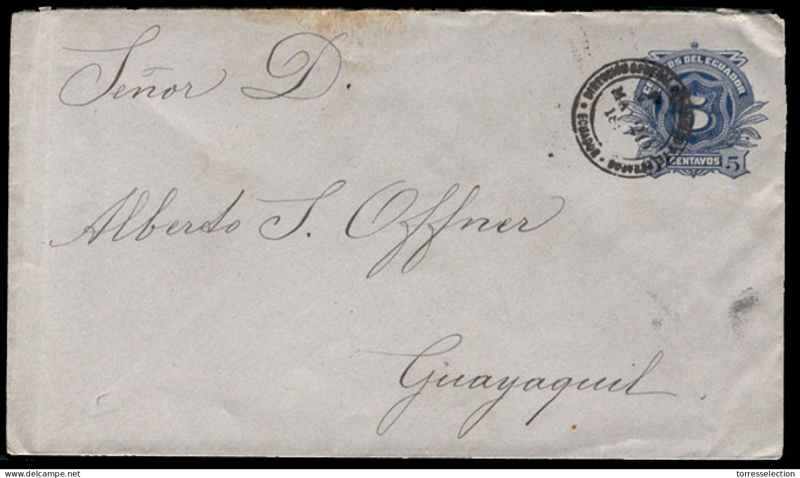 ECUADOR. 1890's. Quito To Guayaquil. 5c Blue Stationery Envelope. Scarce Used. - Equateur