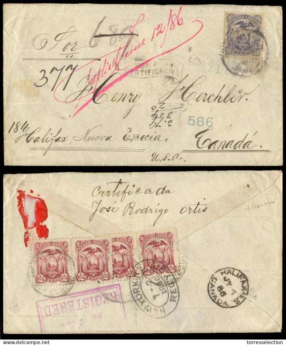 ECUADOR. 1886. Guayaquil - CANADA. Registr Multifrkd Env On Front And Reverse. Scarce 20c + 2c (x4) Stamps. UPU / Certif - Equateur