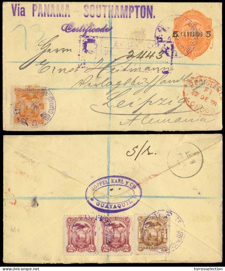 ECUADOR. 1891. Guayaquil - Germany. Registr 5c Ovptd Stat Env + 4 Adtls On Front And Reverse + Aux Marks. Via Panama. Fi - Equateur