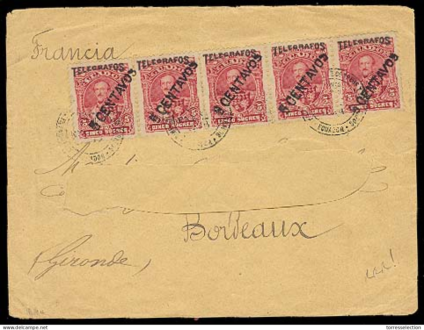 ECUADOR. 1894. Quito - France. Env Frkd Ovptd 5c Strip Of 5 TELEGRAPH Stamps. As Postal Usage (see Upper Margin Postal D - Ecuador