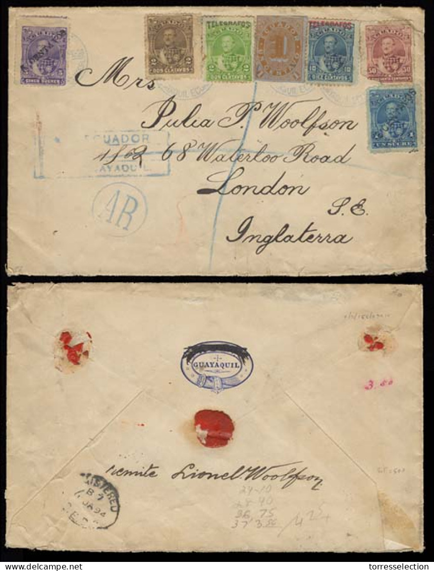 ECUADOR. 1894. Guayaquil - UK. Registr AR Multifrkd Env Incl Ovptd + Telegraph Stamps And 50 Centavos (damaged Before Be - Ecuador