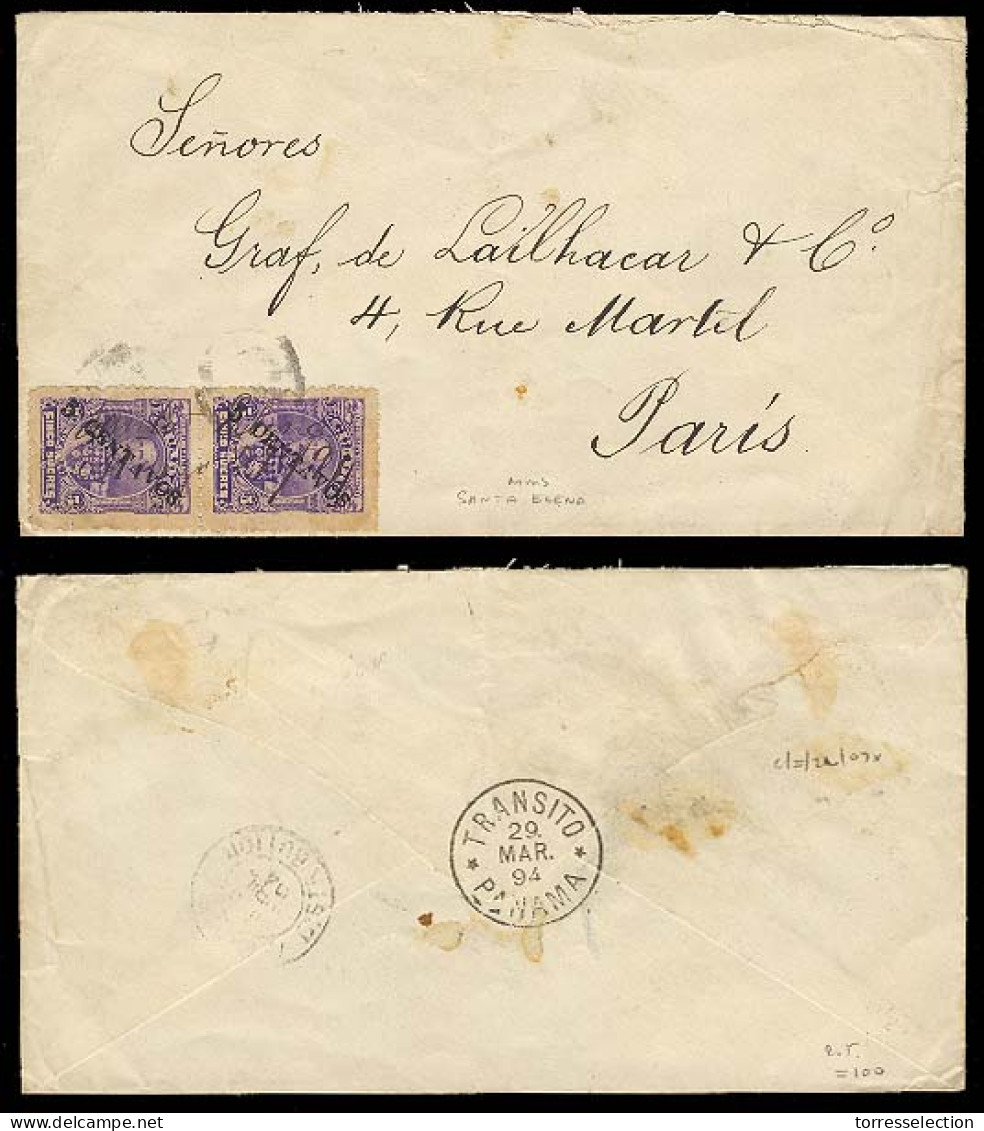 ECUADOR. 1894. Sta. Elena - France. Env Frkd 5c Ovptd Pair, Manuscript. Cancel "SANTA ELENA / Mayo 21.94" + Cork Cancel. - Equateur