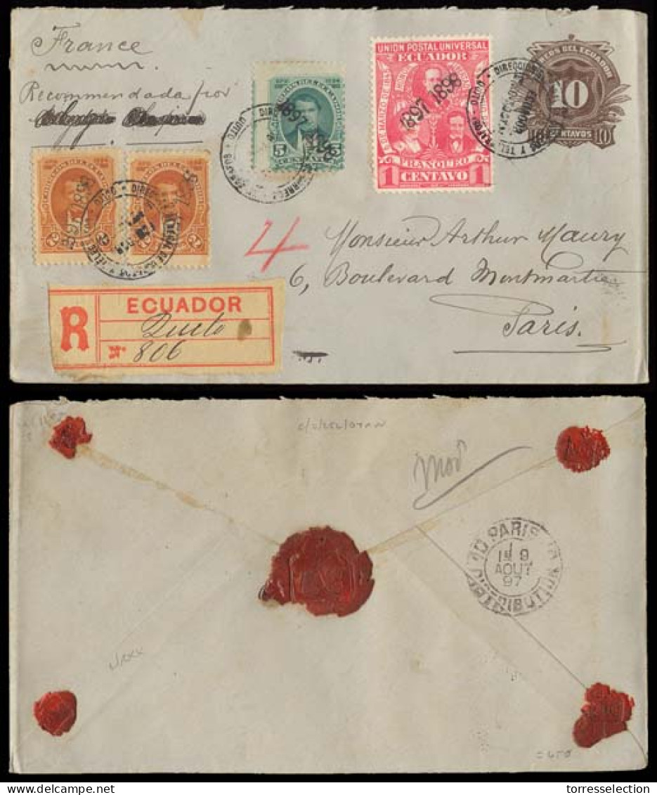 ECUADOR. 1897. Quito - France. Registered 10c Brown Stat Env + 4 Adtls / Ovptd + Reg. Label. Very Fine Scarce Multiple U - Ecuador