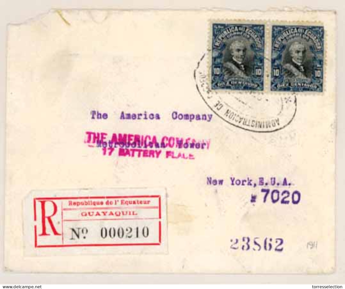 ECUADOR. 1911. Guayaquil To USA. Registerd Franked Env.+ Label. - Equateur