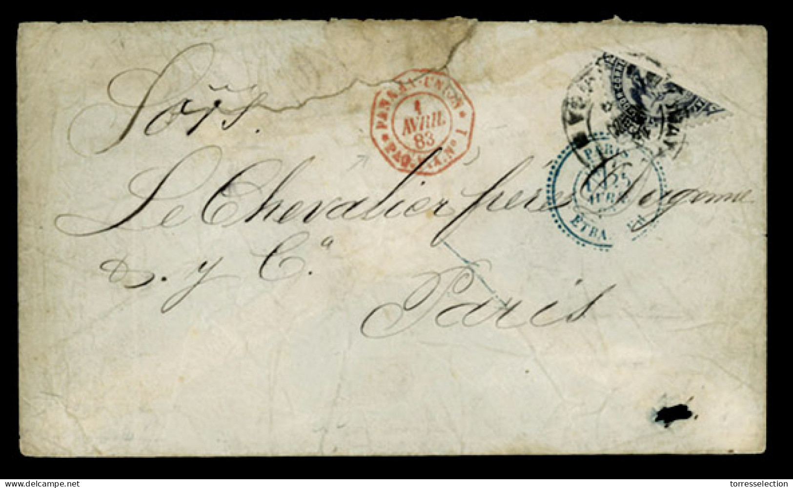 ECUADOR. 1883 (March) Rather Tatty Cover To Paris Franked By Diagonally Bisected 1881 20c Grey Violet Tied By Guayaquil  - Equateur