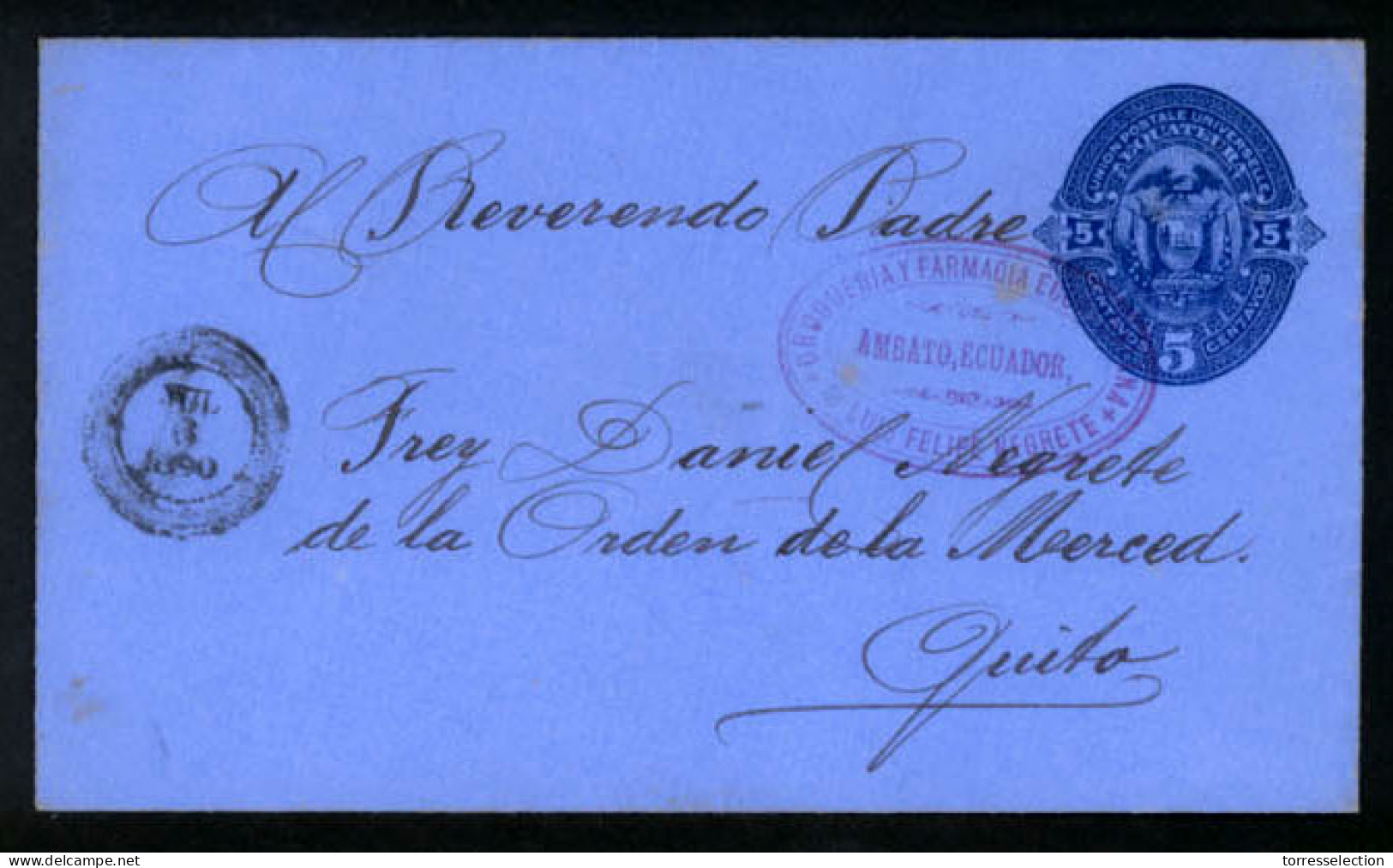 ECUADOR. 1890 (July 6). Ambato To Quito. 5c.blue On Bluish Stationery Envelope, Cds Alongside With Oval Violet Commercia - Equateur