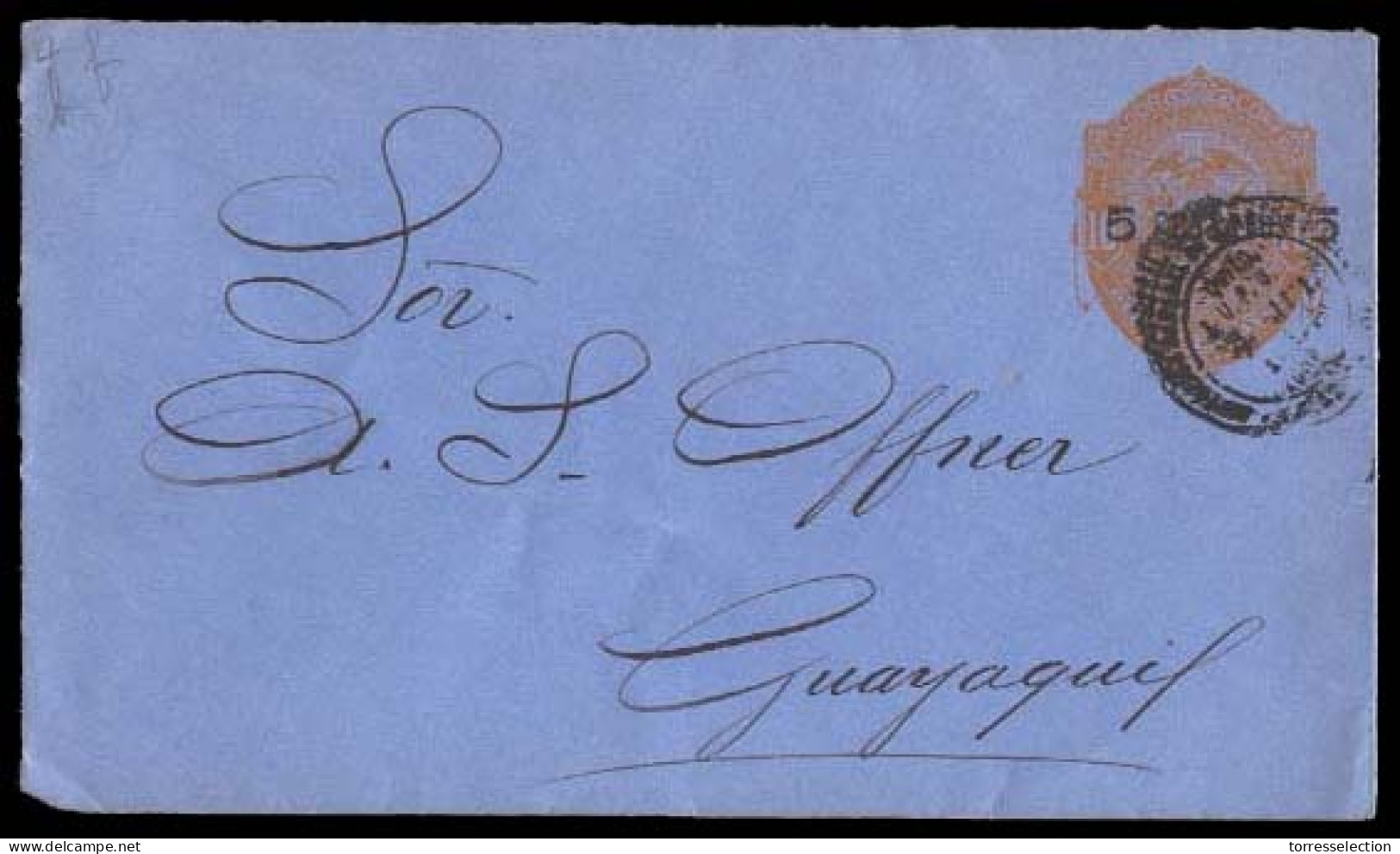 ECUADOR. C. 1885. Rare And Used 5c Ovptd Stationery Blue Envelope. Cds 50 Guayaquil. VF. - Equateur