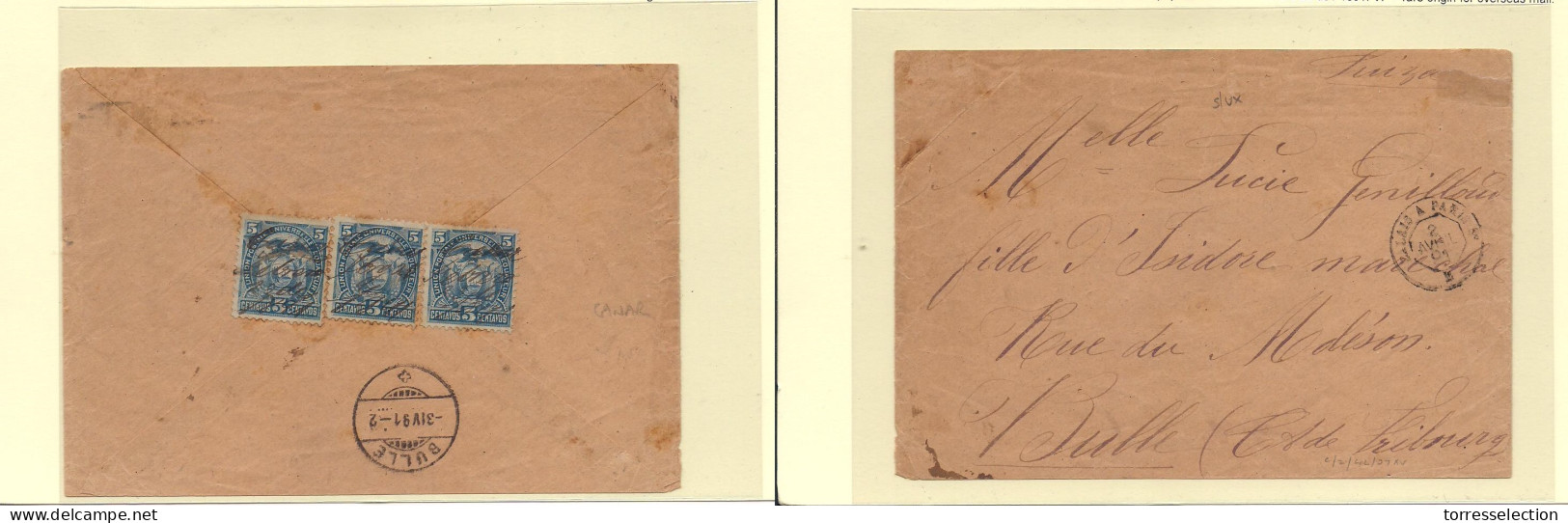 ECUADOR. 1891. Canar - France. Env Fkd 5c (x3) On Reverse. Manuscript Pmks CANAR / Febrero 20 De / 1891. VF + Rare Origi - Equateur