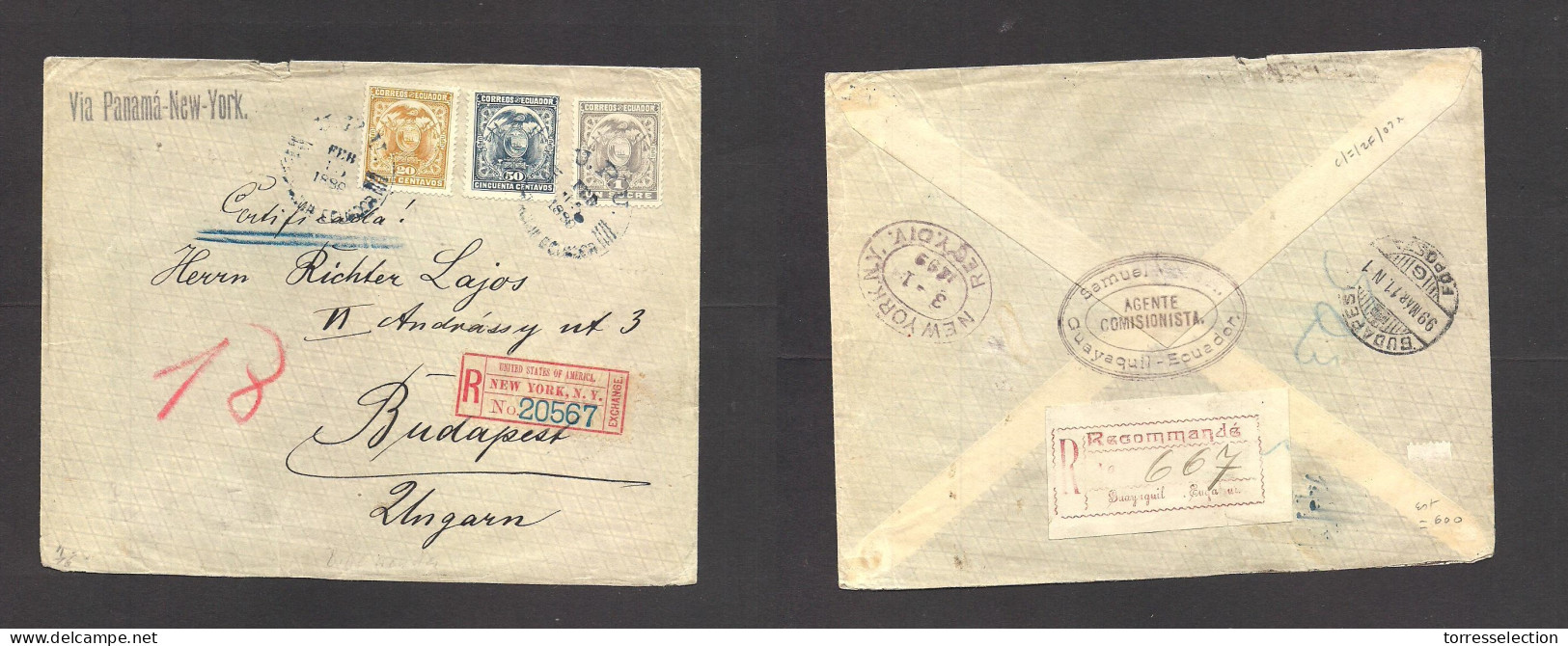 ECUADOR. 1889. Guayaquil - Hungary. Registrd Multifrkd Env Incl. 20c, 50c And 1sucre. Several Labels. Very Rare Stamps O - Equateur