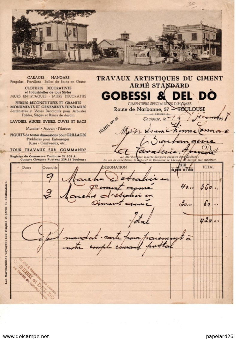 HAUTE GARONNE TOULOUSE CIMENT ARME  GOBESSI &DEL DO ANNEE 1928 FORMAT A4 - Straßenhandel Und Kleingewerbe