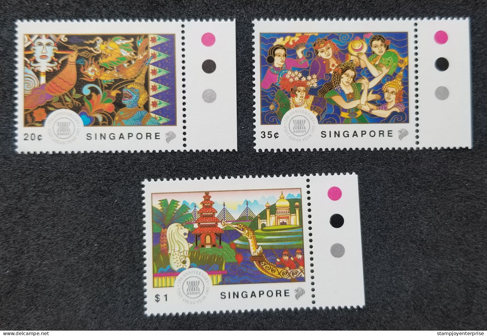 Singapore Visit 25th ASEAN Year 1992 Costume Bridge Palm Tree Dragon Phoenix Boat Mosque Dance (stamp Color) MNH - Singapore (1959-...)