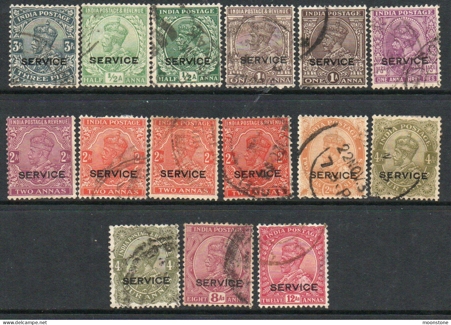 India GV 1926-36 Group Of 15 To 12 Annas, Wmk. Multiple Stars, Service Official, Used, SG O109/16 & O122/30 (E) - 1911-35 King George V