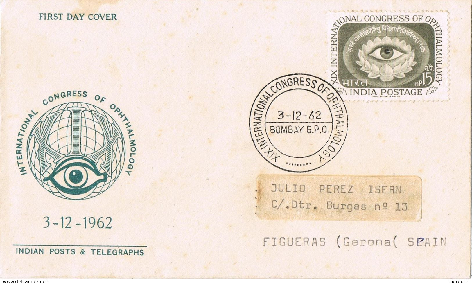 54424. Carta F.D.C. BOMBAY (India) 1962. MEDICINA, Congreso Oftalmologia - FDC