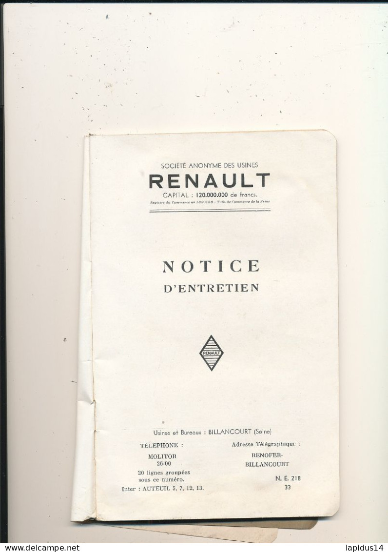 RENAULT  NOTICE D'ENTRETIEN VOITURE MONAQUATRE TYPE HY 1933    (DOCUMENT DE 50 PAGES) - Auto's