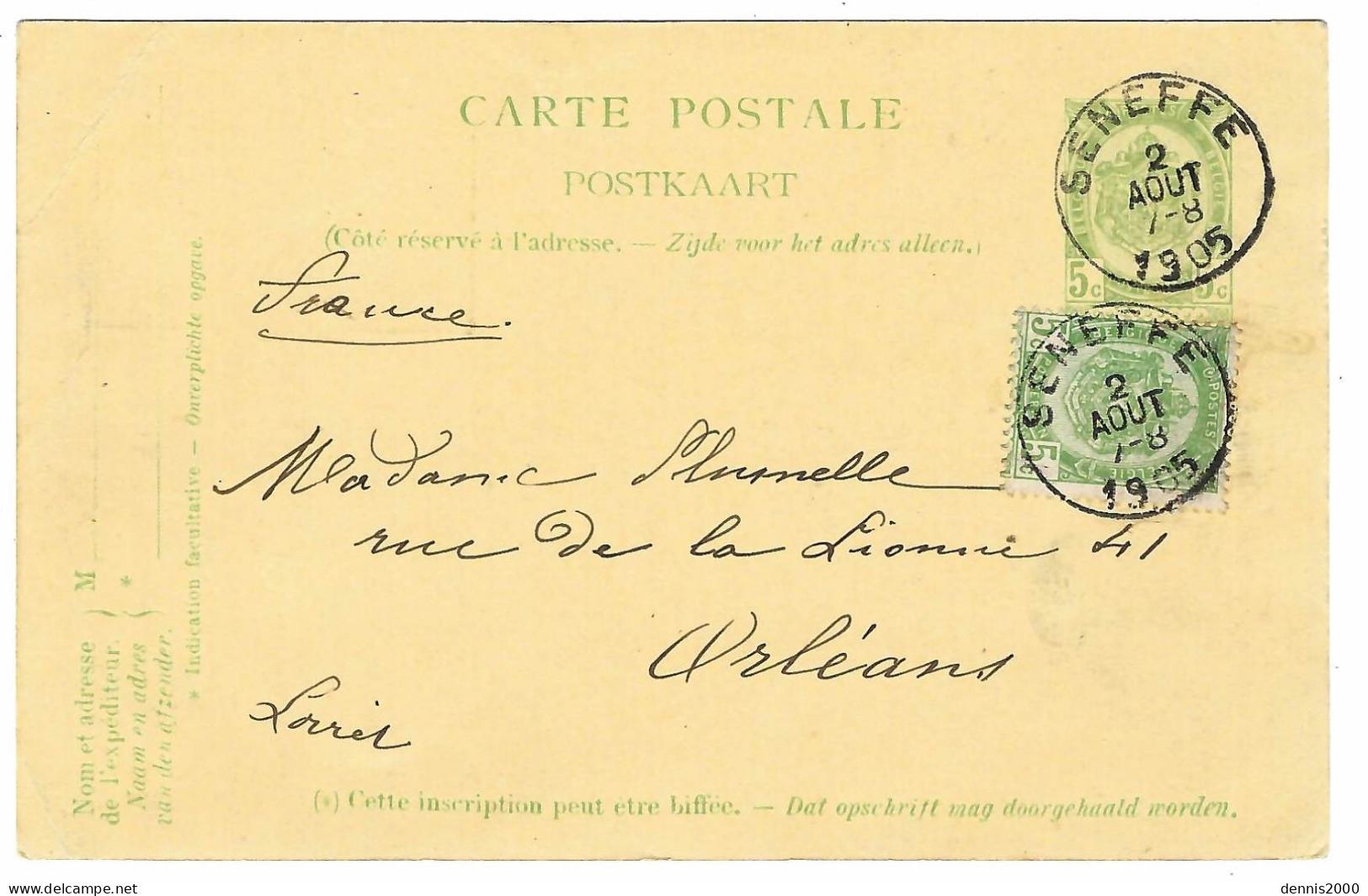 1905 - C P E P  5 C + 5 C  Annulé  SENEFFE  Pour La France - 1893-1907 Wapenschild