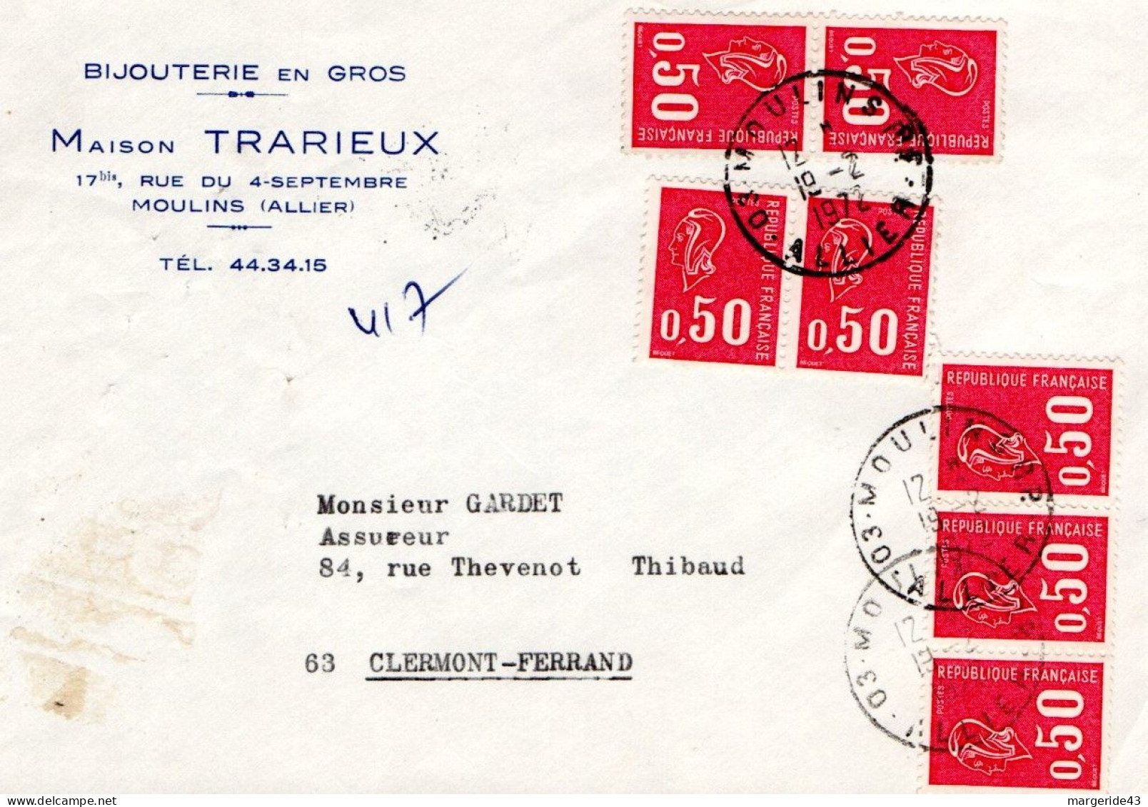 AFFRANCHISSEMENT COMPOSE DE BEQUET SUR DEVANT DE LETTRE A EN TETE DE MOULINS ALLIER 1972 - Tarifs Postaux