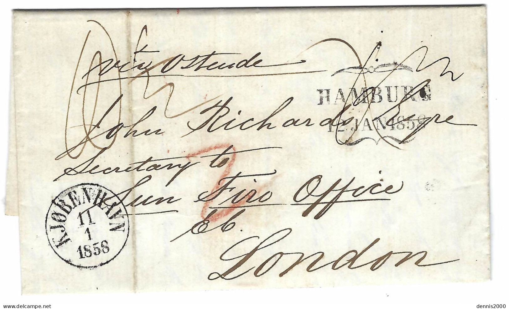 1858 - Letter From KJOBENHAVN  To London  - Transit HAMBURG  " Via Ostende " - Briefe U. Dokumente