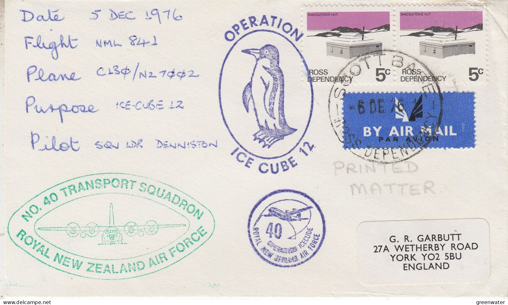 Ross Dependency 1976 Antarctic Flight "Ice Cube 12" 5 DEC 1976 (SR167) - Briefe U. Dokumente