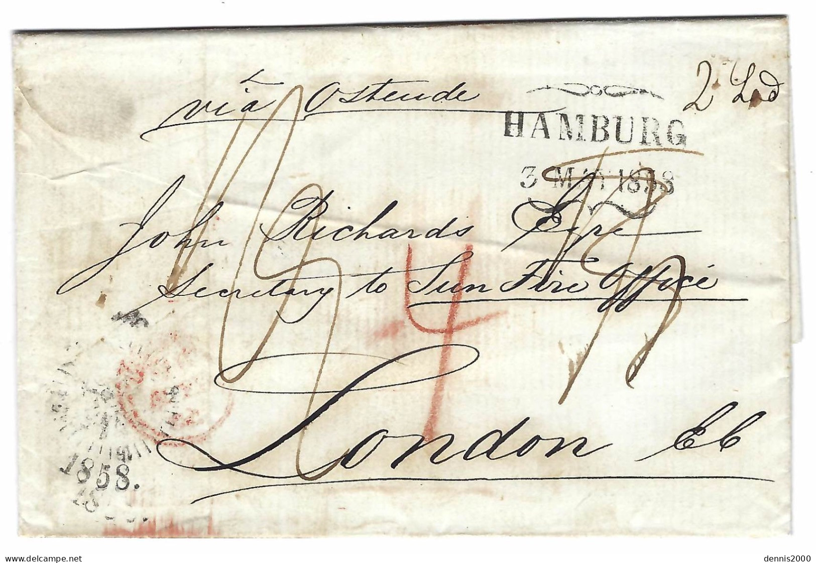 1858 - Letter From KJOBENHAVN   To London  - Transit HAMBURG  " Via Ostende " Several Rating - Cartas & Documentos