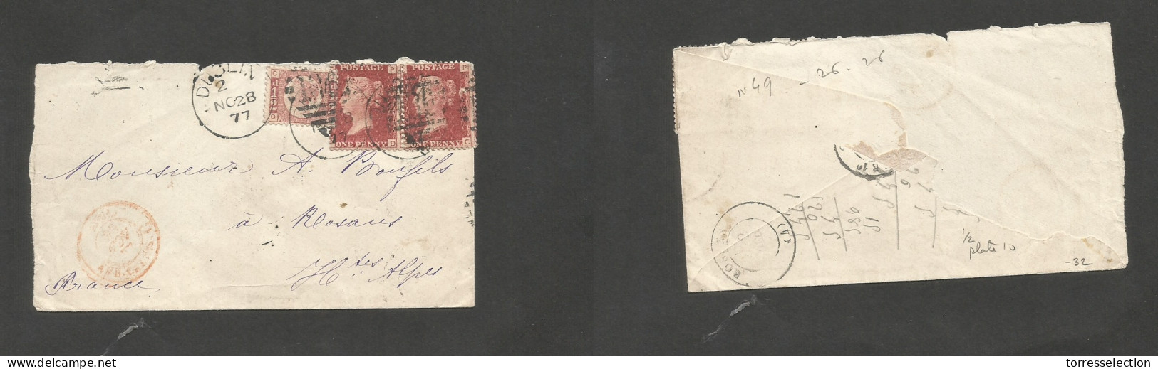 EIRE. 1877 (28 Nov) Dublin - France, Alps, Rosaus. Multifkd Env At 2 182d Rate Incl 1/2d Pl 10 Trand Red Entry Cds. - Used Stamps