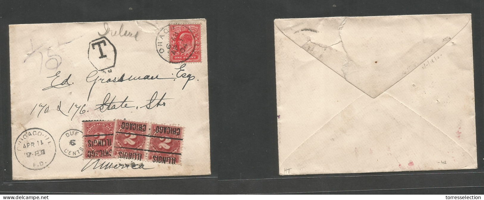 EIRE. 1904 (Apr 1) Omagh - USA, Chicago (Apr 18) 1d GB Fkd Env, Taxed, Due 6c Cachet + (x3) Preprinted P. Dues + Tmark.  - Usati