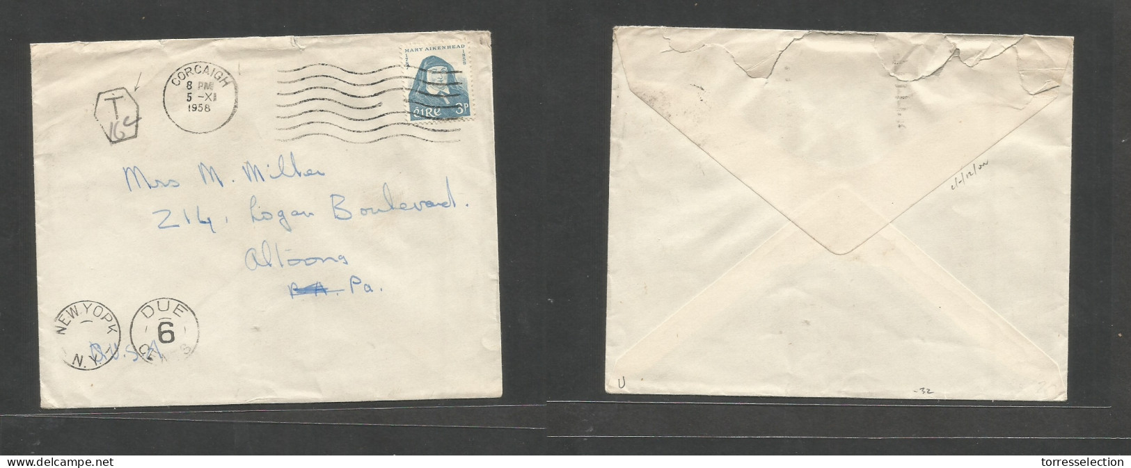 EIRE. 1958 (5 Nov) Corcaigh - USA, Alton, PA 3p Fkd Env Tied Rolling Cds + Taxed "T-16" Hexag Pmk + NY 6c Due. Fine Scar - Gebraucht