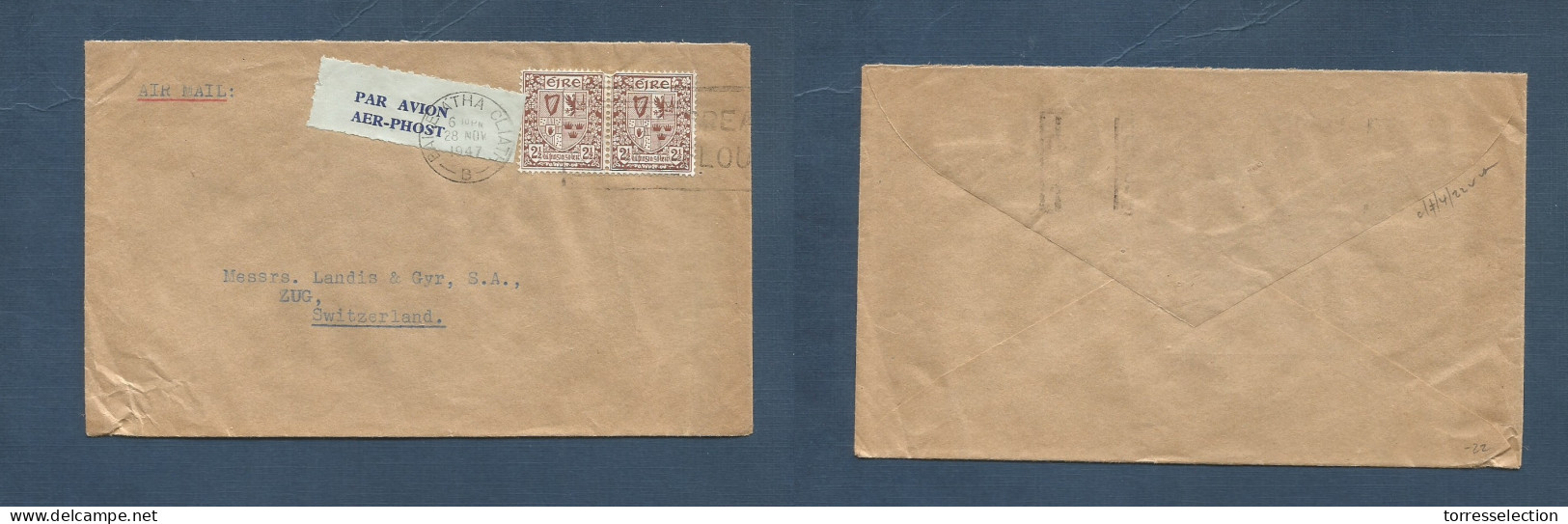 EIRE. 1947 (28 Nov) Bale Atha Claith - Switzerland, Zug. Air Multlifkd Env Tied Air Label + 5d Rate. - Used Stamps