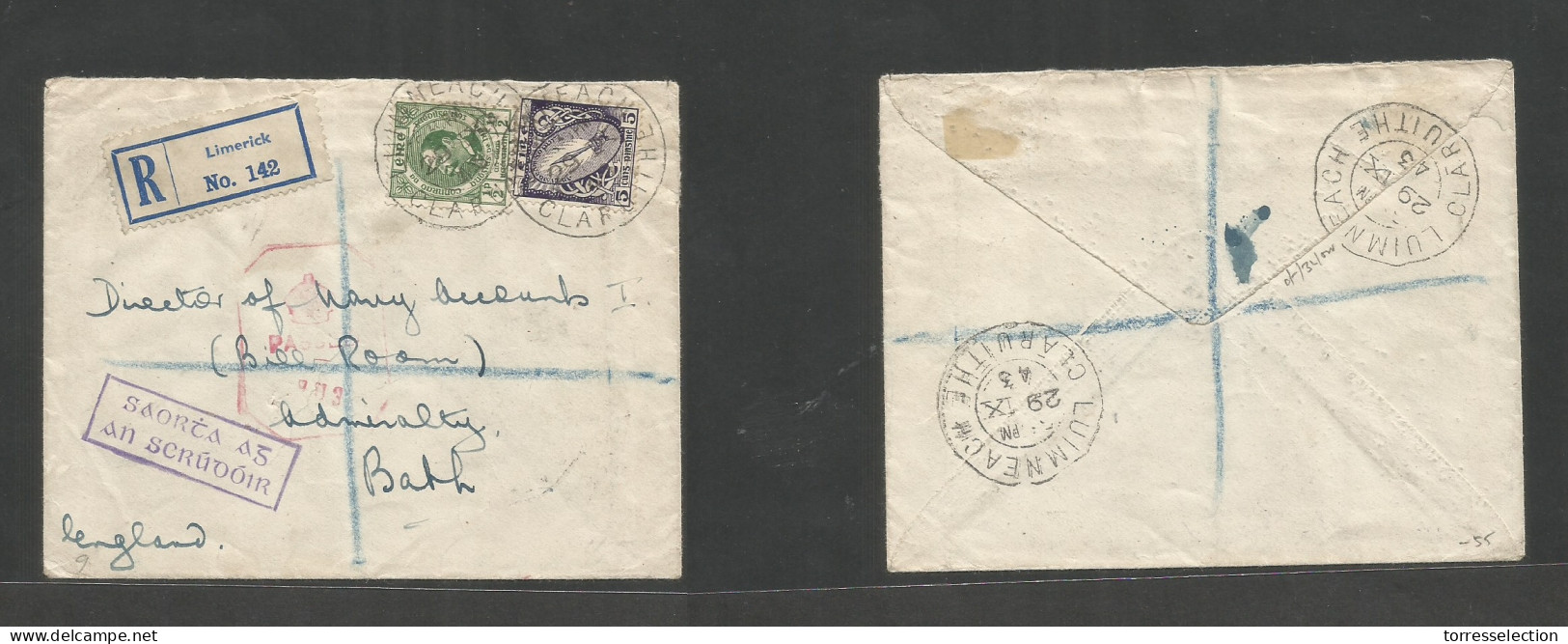 EIRE. 1943 (29 Sept) Limerick - Bath, England. Registered Multifkd Dual Censored Env, Reverse Transited. Fine. - Usados