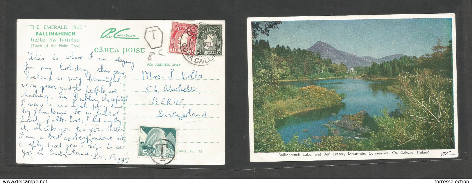 EIRE. 1950 (17 Aug) Cloohan - Switzerland, Bern. Multifkd Ppc, Taxed With Hexag "T" Mark Mns 8c + Swiss P. Due 15c Tied  - Gebraucht