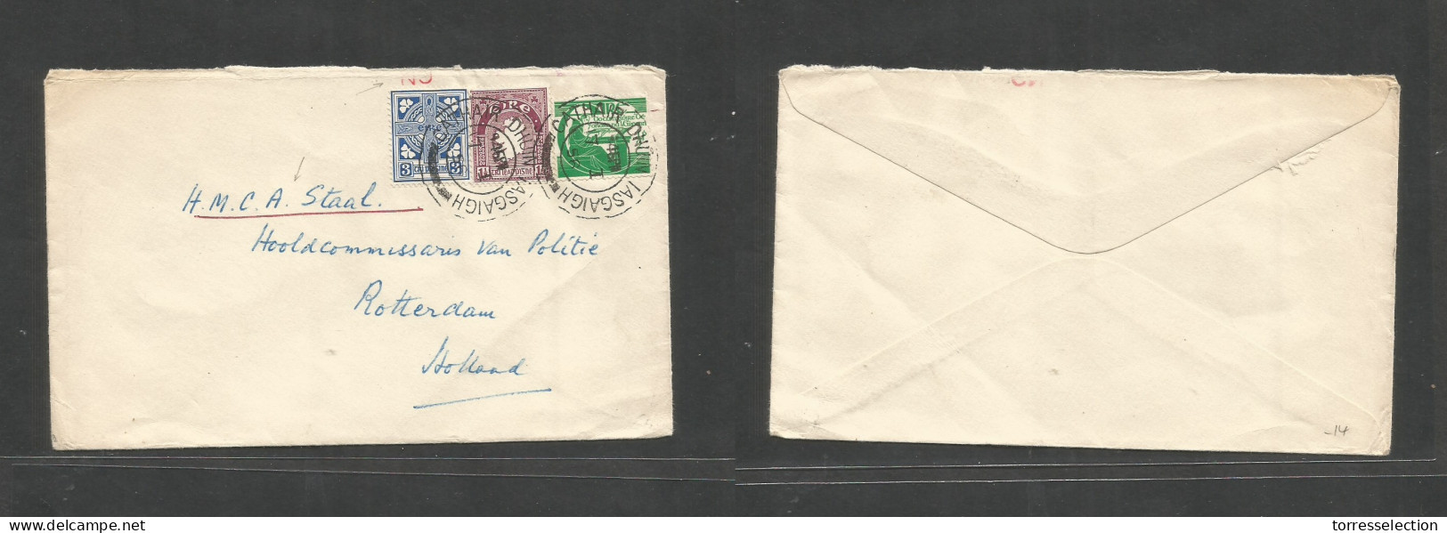 EIRE. 1956 (7 Jan) Cathair Dhuin Lasgaigh - Netherlands, Rotterdan. Multifkd Env "NO" Red Mark. HMCA Steal". VF. - Used Stamps