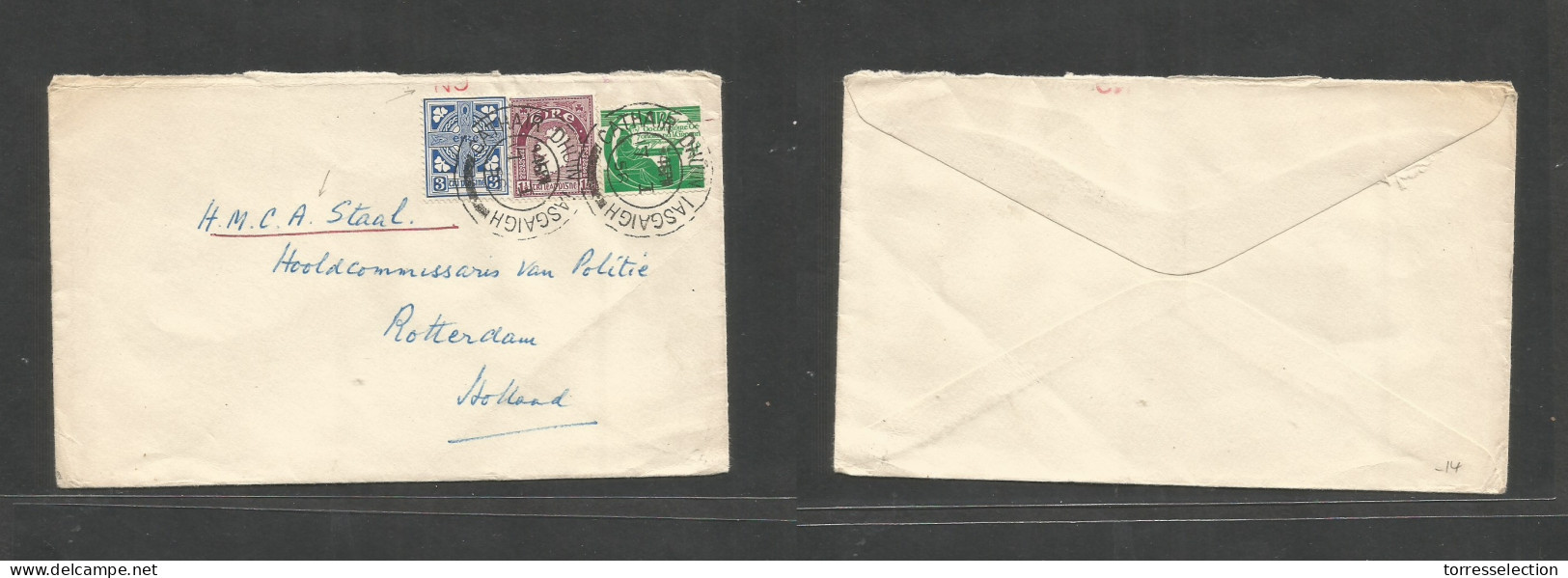 EIRE. 1956 (7 Jan) Cathair Dhuin Lasgaigh - Netherlands, Rotterdan. Multifkd Env "NO" Red Mark. HMCA Steal". VF. - Gebraucht