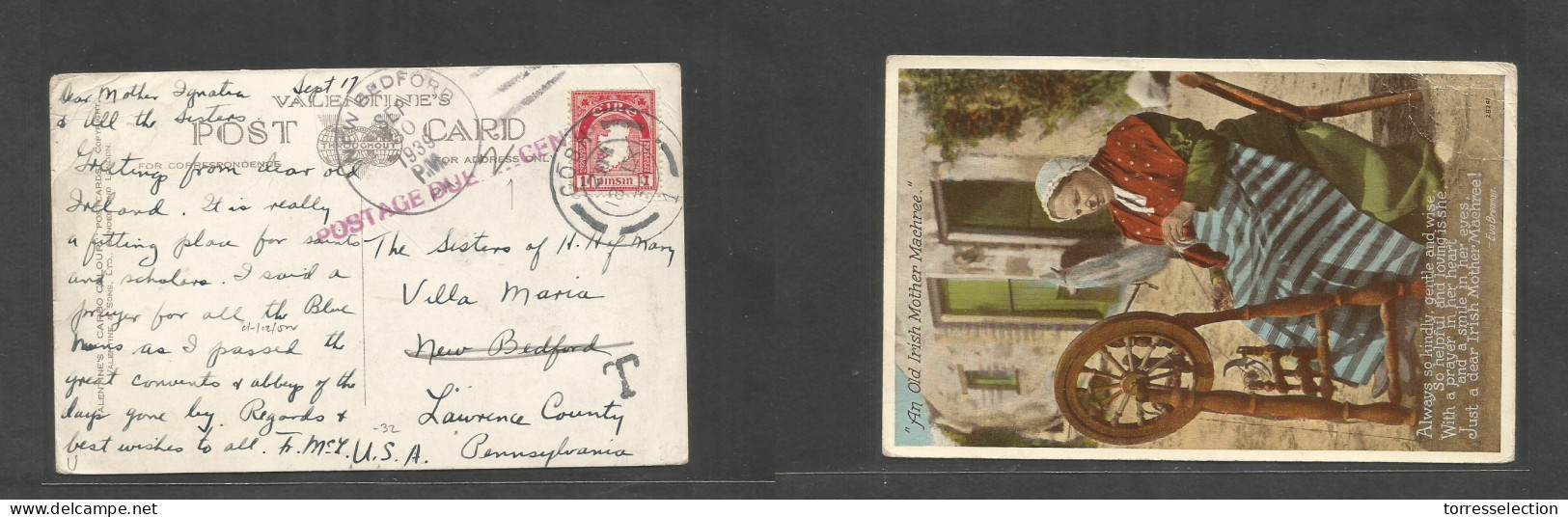 EIRE. 1939 (18 Sept) Cork - USA, Pa, New Bedford (30 Sept) Fkd Ppc + Taxed "T" Mark + Aux Marks. Fine Item. - Used Stamps