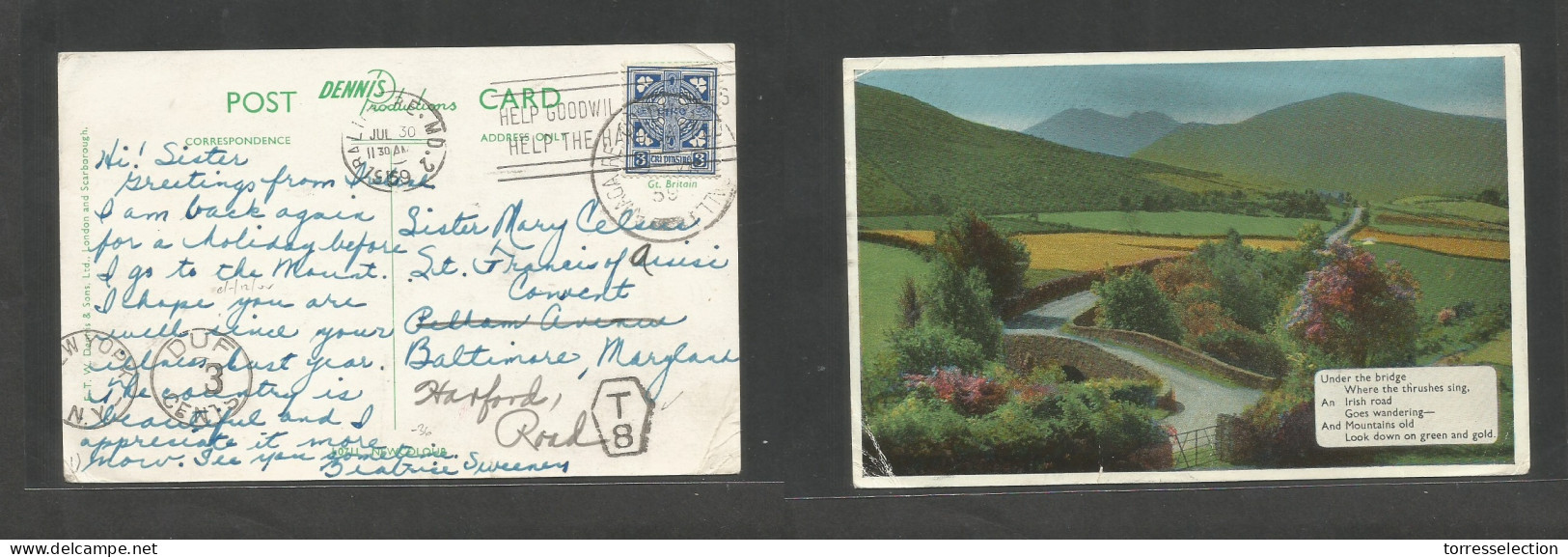 EIRE. 1959. Color Fkd Ppc. Amagare - USA, Baltimore (30 July) Via NYC, Taxed, Due Irish "T8" Scarce Cachet. Fine. - Gebraucht