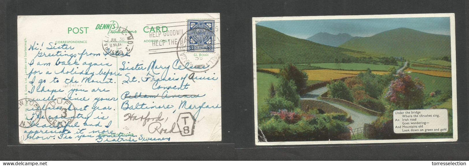 EIRE. 1959. Color Fkd Ppc. Amagare - USA, Baltimore (30 July) Via NYC, Taxed, Due Irish "T8" Scarce Cachet. Fine. - Usati