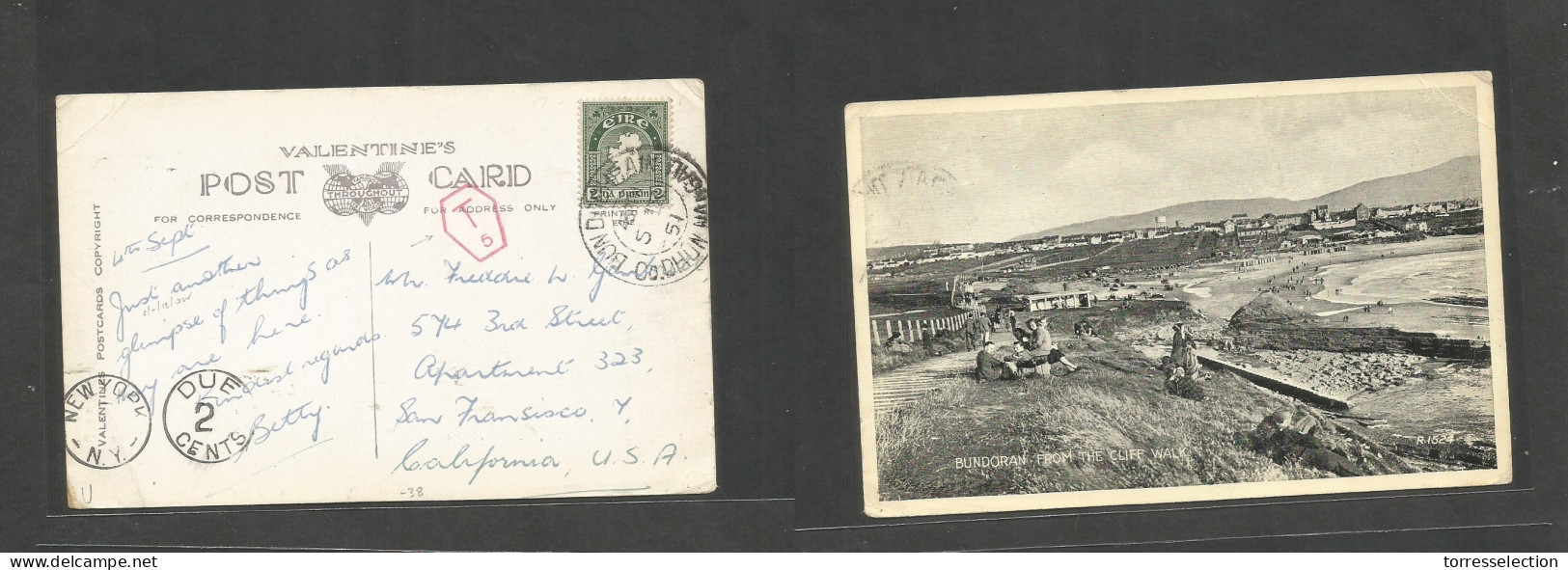 EIRE. 1951 (5 Sept) Burdoran - USA, CA, San Francisco. Fkd View Town Ppc + Taxed, Red Hexag "7-5" + NY Due 2c. Scarce Re - Usados