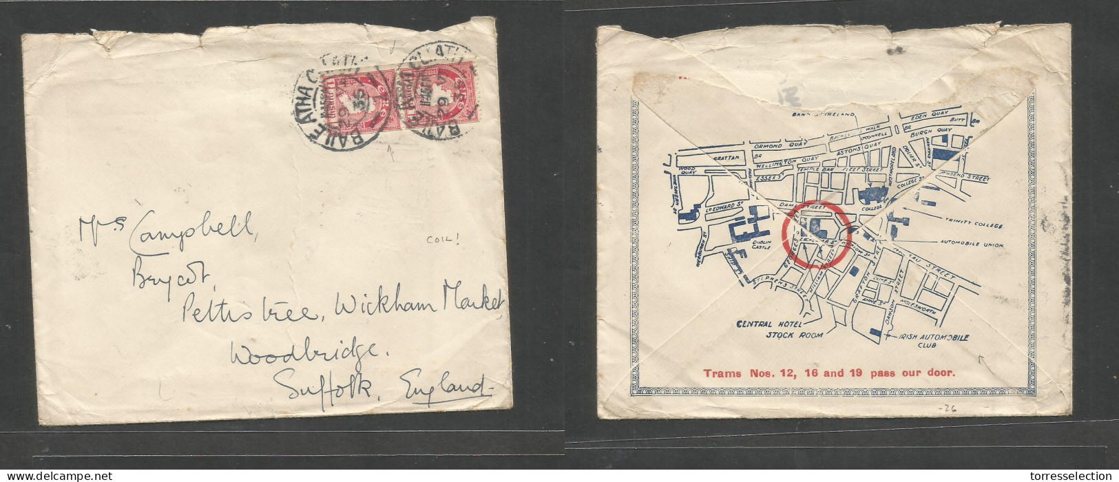 EIRE. 1935 (29 June) Baile Atha Cliath - England, Suffolk. Multifkd Env, Stamps Pair Side Margins Imperf (coil) Tied Cds - Gebraucht