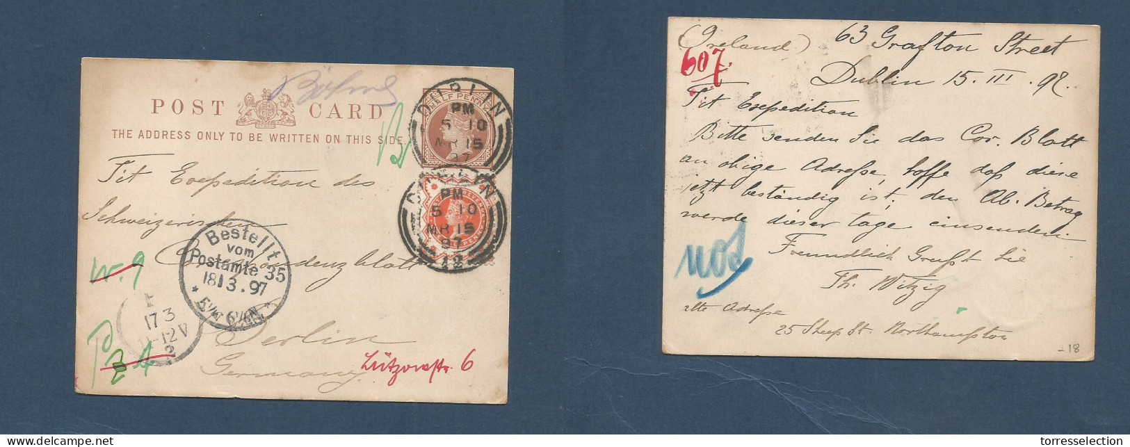 EIRE. 1897 (15 March) Dublin - Germany, Berlin (18 March) QV 1/2d Brown Stat Card + Adtl, Tied Cds. Fine. - Usati