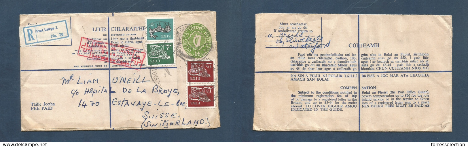 EIRE. 1973. Port Lairge - Switzerland, Estavaye - Le-Lac. Registered 14p Green Stat Envelope + 4 Adtls. - Usados