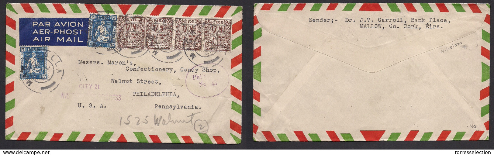 EIRE. 1946 (Nov) MAGHLALLA - USA, PA, Philatedelfia. Air Multifkd Env + "imp. Address / City 21" Airmail Cachet. - Used Stamps