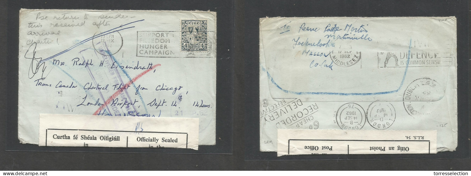 EIRE. 1962 (12 Sept) Mallow - Hounslow, UK (14 Sept) 4d Blue Fkd Env, Slogan Cachet, Bilingual Depart Official Po Seal + - Oblitérés
