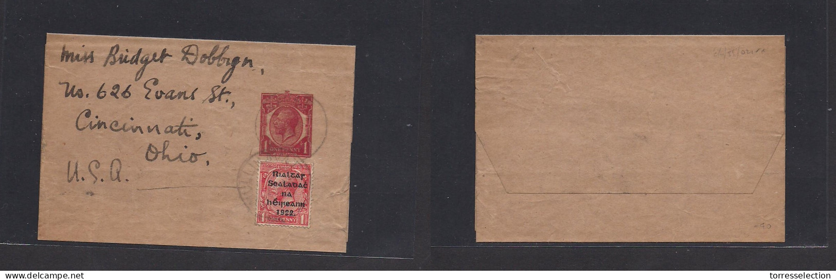 EIRE. 1922. GB 1d Red Stat Wrapper + Ovptd Adtl 1d Red, Tied Cds. Addressed To USA, Ohio, Cincinnati. - Gebraucht