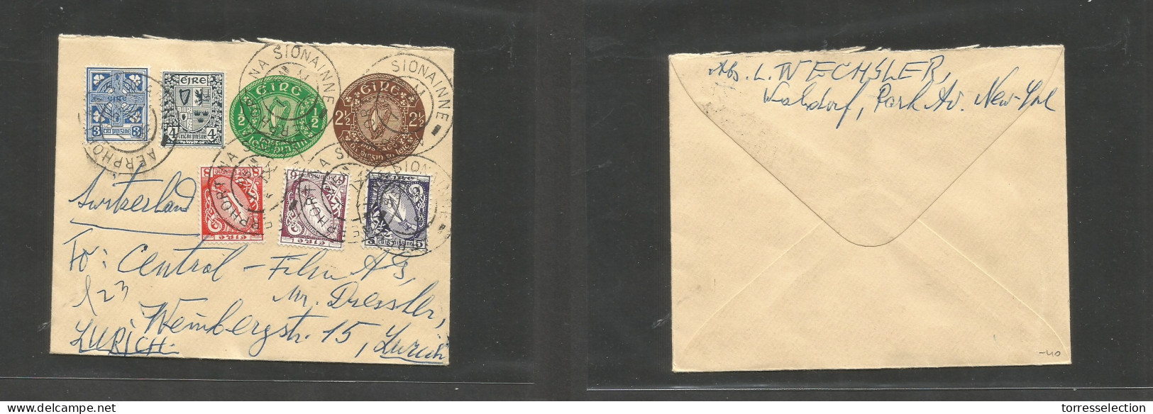 EIRE. 1955 (1 Sept) Erphort Na Siona - Switzerland, Zurich. 2 1/2d + 1/2d Green Doble Print Stat Env + Five Adtls, Tied  - Usados