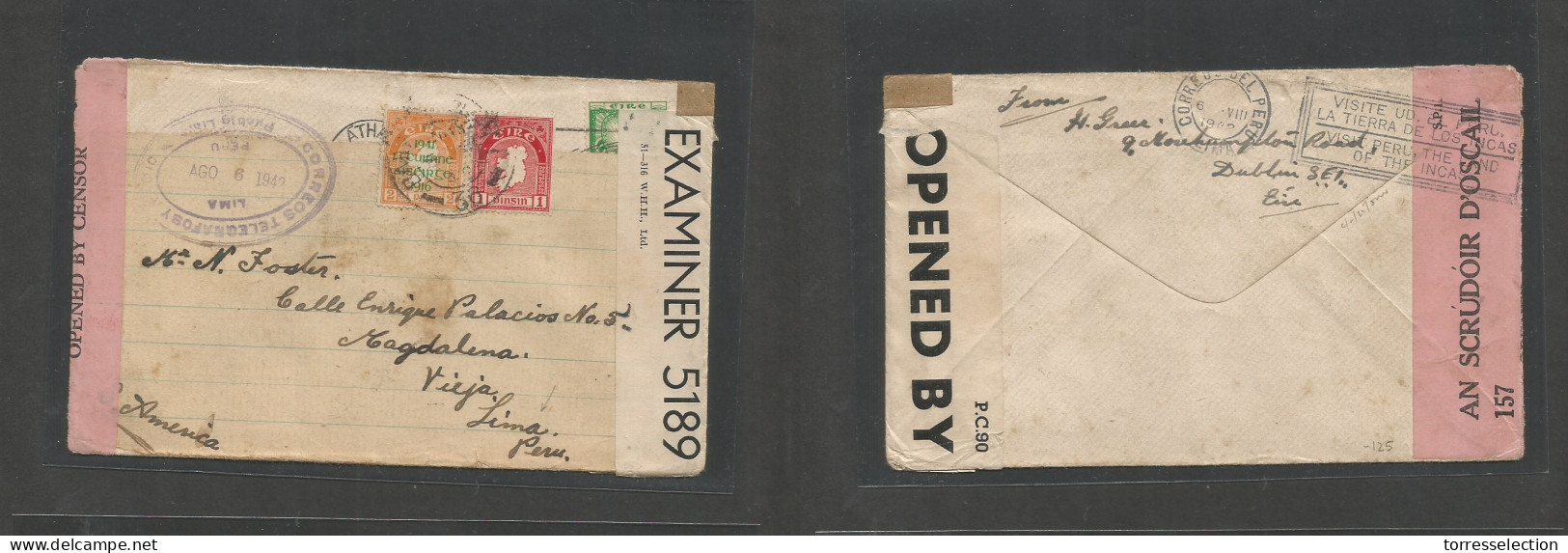 EIRE. 1942 (July) Atha - PERU, Magdalena, Vieja, Lima (Aug 6) South America. Multifkd Fwded Envelope + Dual Censor Depar - Used Stamps