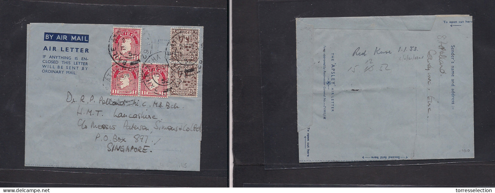 EIRE. 1952 (14 Dec) Norwood - Singapore. Multifkd Air Letter Sheet At 8p Rate, Tied Cds. Long Text Contains + Extraord D - Gebruikt
