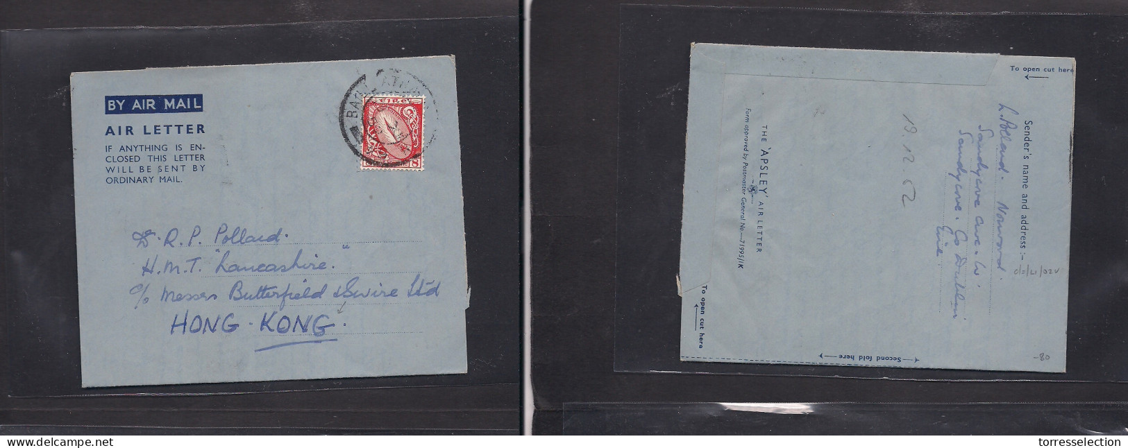 EIRE. 1952 (19 Nov) Sandycove - Hong Kong. Fkd Air Lettersheet; 8p Red, Tied Cds. Scarce Destination + Long Contains. - Gebraucht